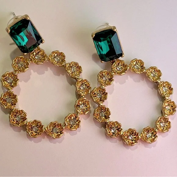 Oscar de La Renta Earrings emerald gold flowers floral Dangle drop hoops signed - Picture 14 of 14